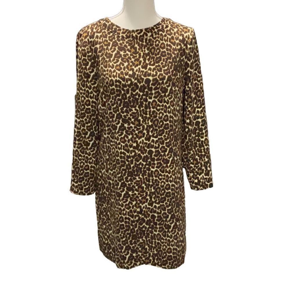 J Crew Long Sleeve Cheetah Animal Print Sheath Dress Brown Ivory Size 4